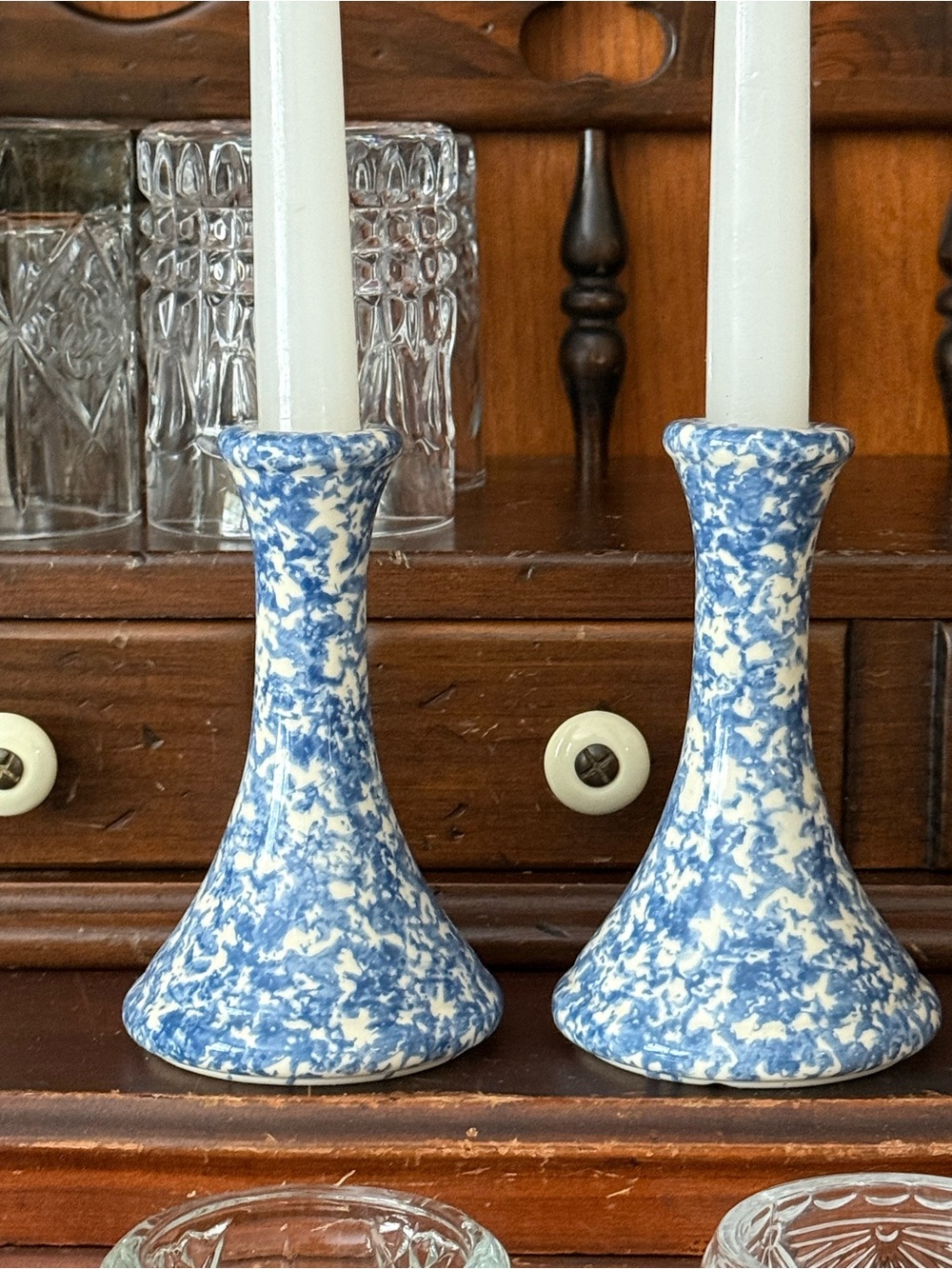 Blue and White Country Home Collection Speckled Ceramic Vases— Set of 2 - Picture 2 of 5